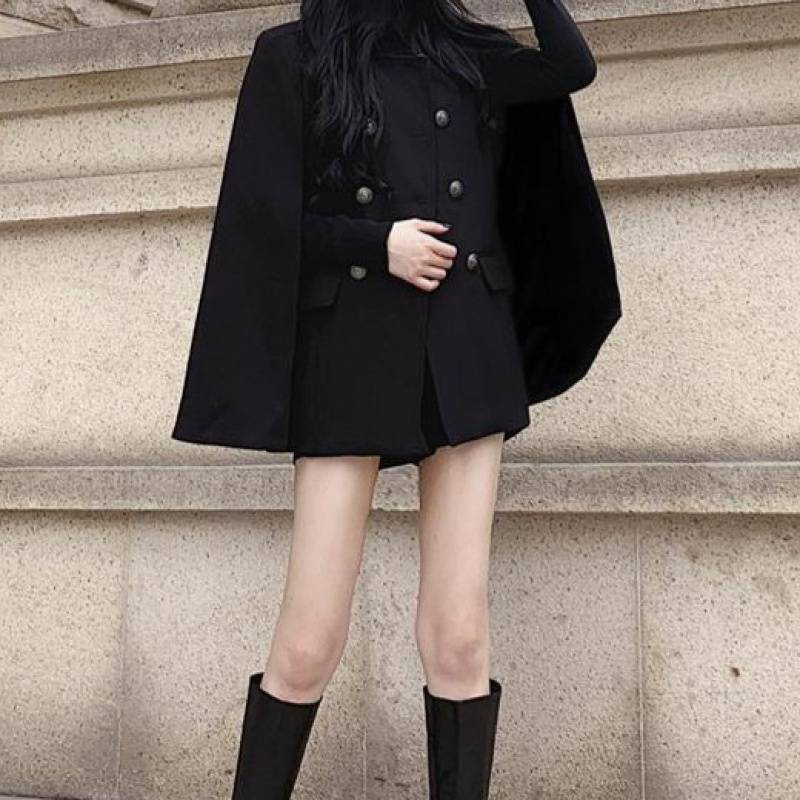 Black Versatile Loose Stand Collar Cape Coat Women - ROMART GLOBAL LTD