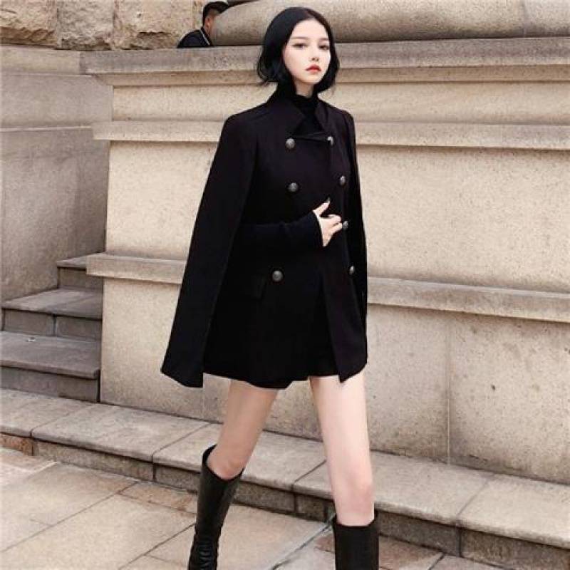 Black Versatile Loose Stand Collar Cape Coat Women - ROMART GLOBAL LTD