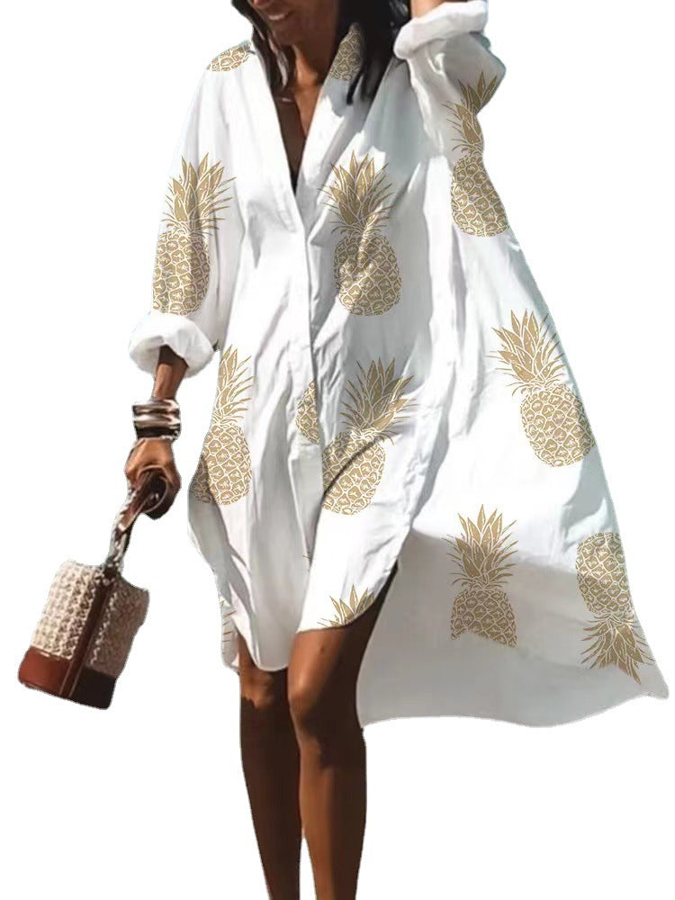Women's Loose Digital Printing Long-sleeved Lapel Shirt Dress