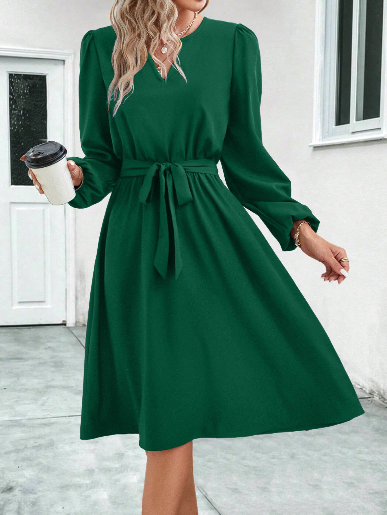 Western Styled Long Sleeve Small V-neck Lace Up Dress Women - ROMART GLOBAL LTD