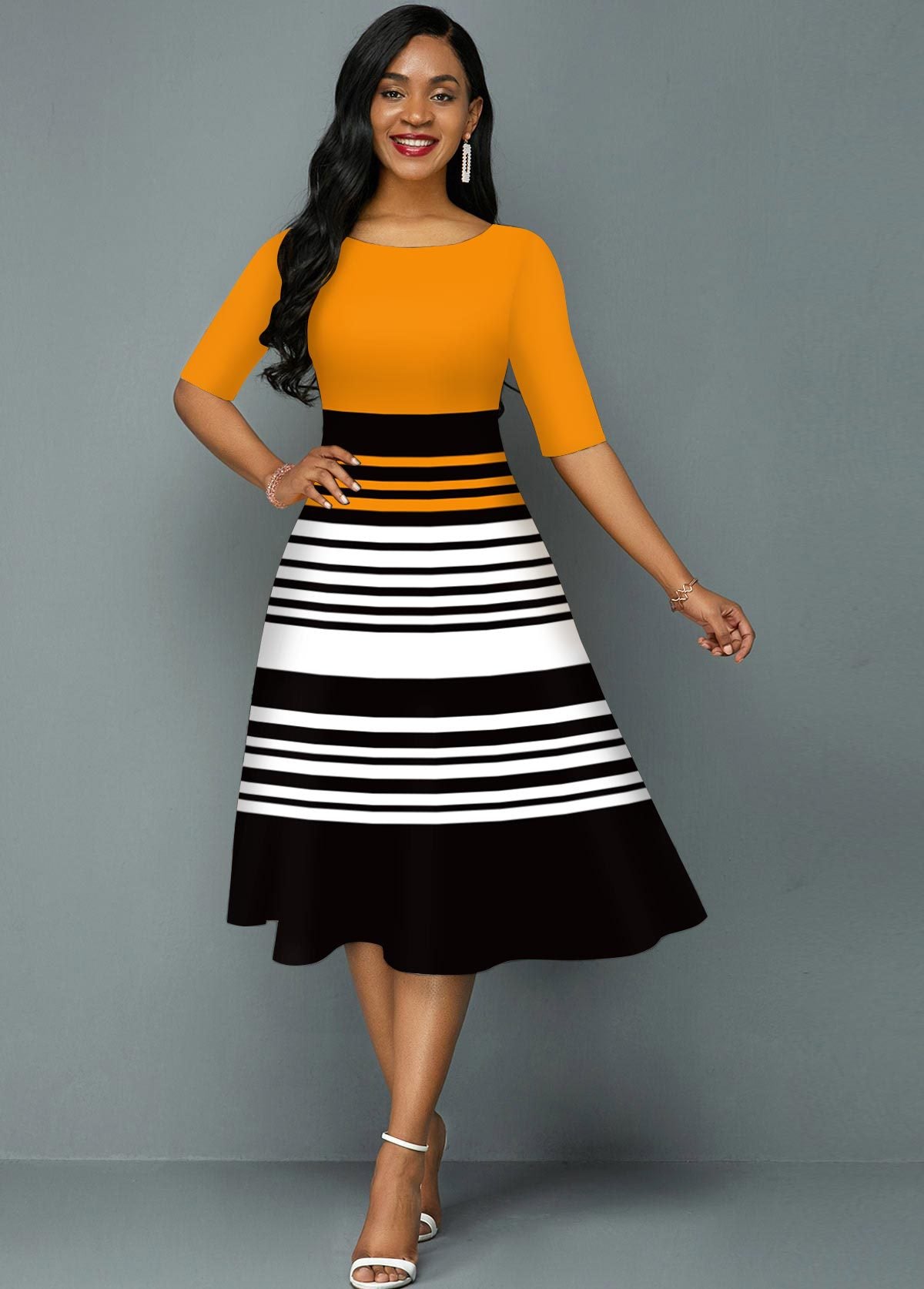 Women's Printed Striped Round Neck Knitted Dress
