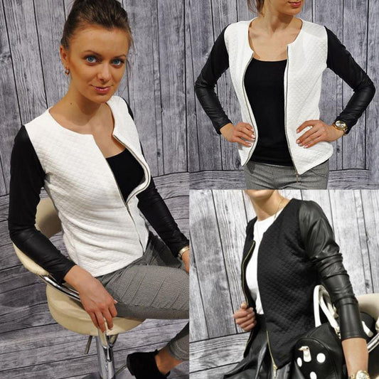 Leather Patchwork Plaid Thin Coats Short Jackets Casual Slim Blazers Knitwear Women - ROMART GLOBAL LTD