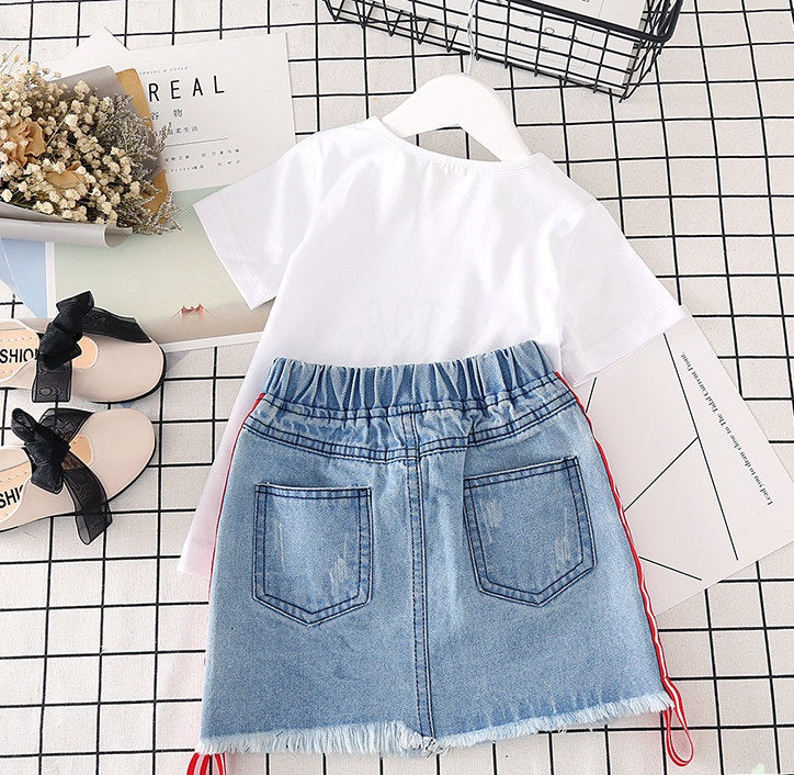 Kids 2pcs White T-shirt & Denim Skirt Suit Girls - ROMART GLOBAL LTD