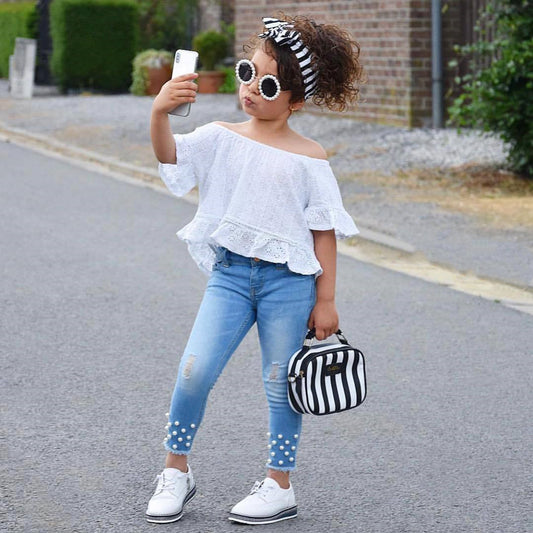 Lace Mid-Sleeve Beaded Denim Trousers Girls Suit