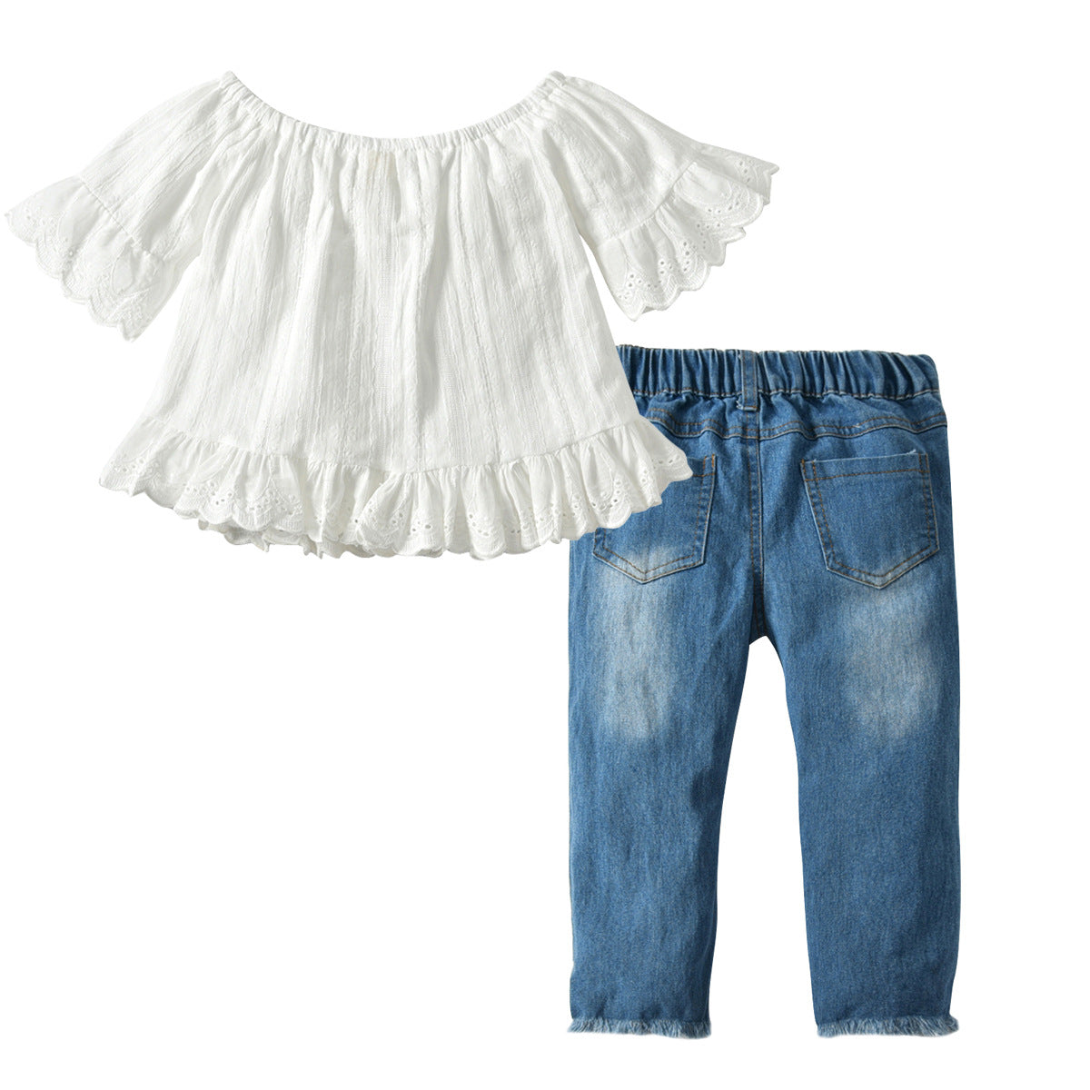 Lace Mid-Sleeve Beaded Denim Trousers Girls Suit