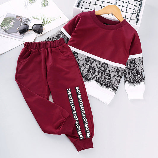 Girls New Stitching Long-Sleeved Sweater And Trousers Two-Piece Suit