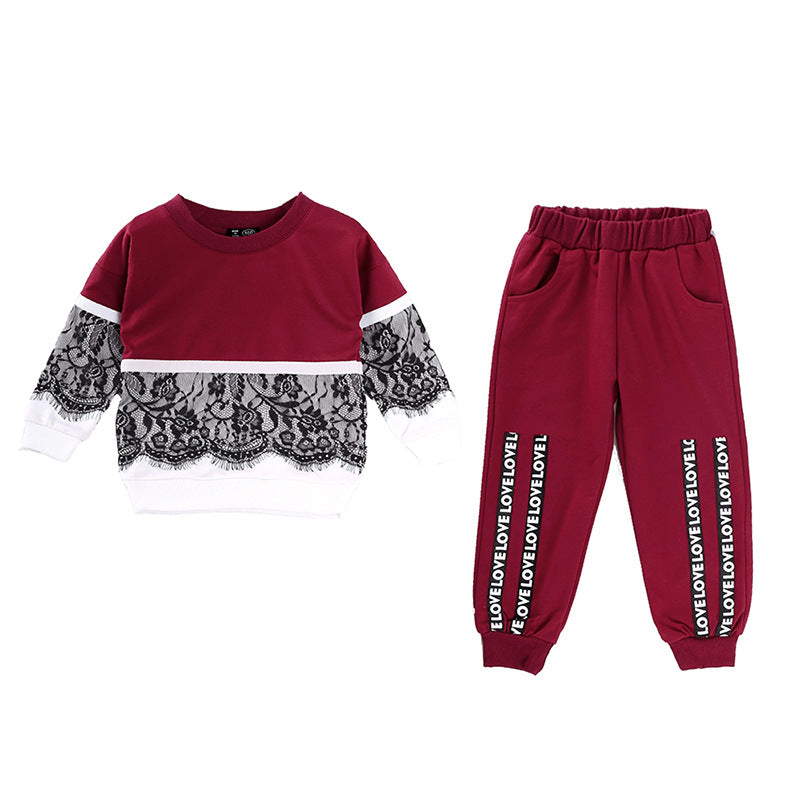 Girls New Stitching Long-Sleeved Sweater And Trousers Two-Piece Suit