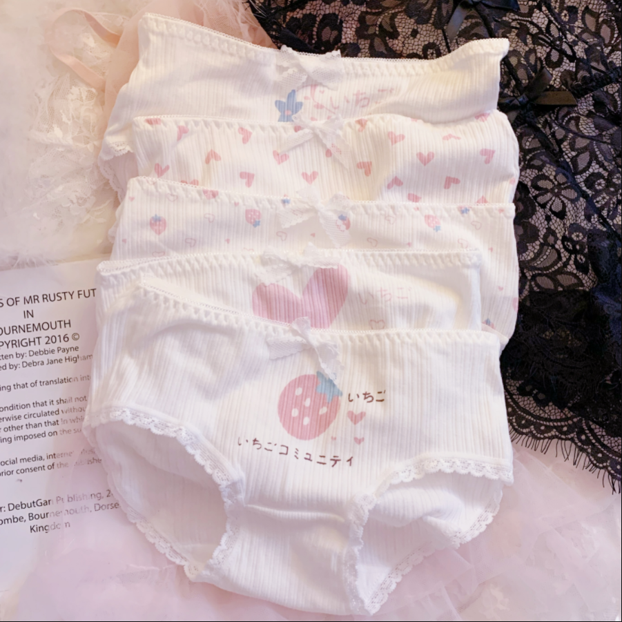 5 Pack Pure Cotton Small Waist Strawberry Love Bow Underwear Women - ROMART GLOBAL LTD