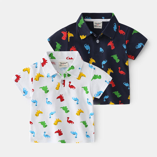 Dinosaur Cartoon Character Print Tee Short For Boys