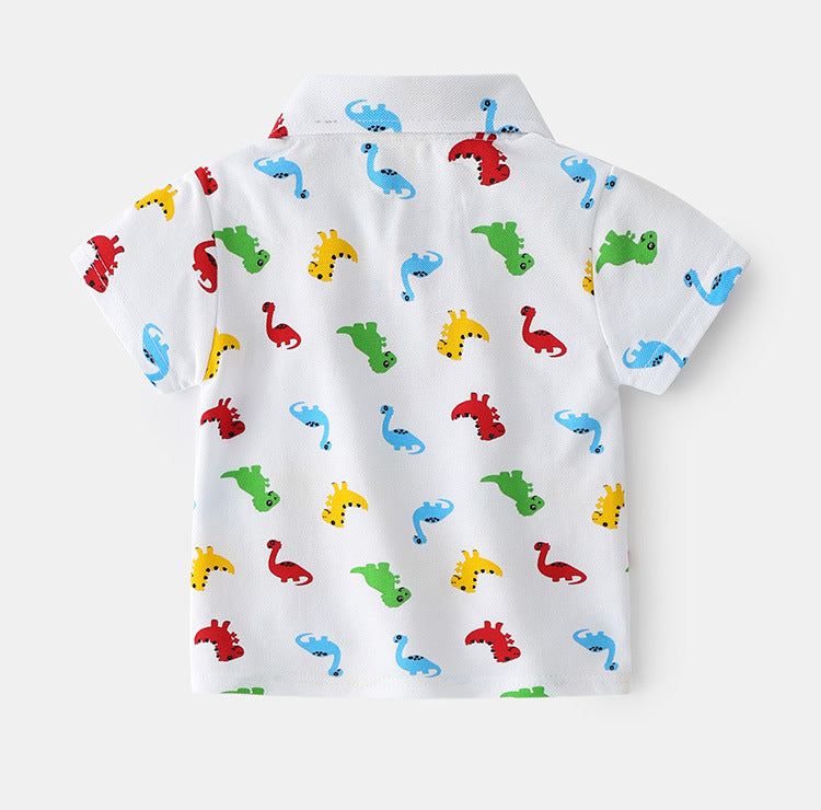 Dinosaur Cartoon Character Print Tee Short For Boys