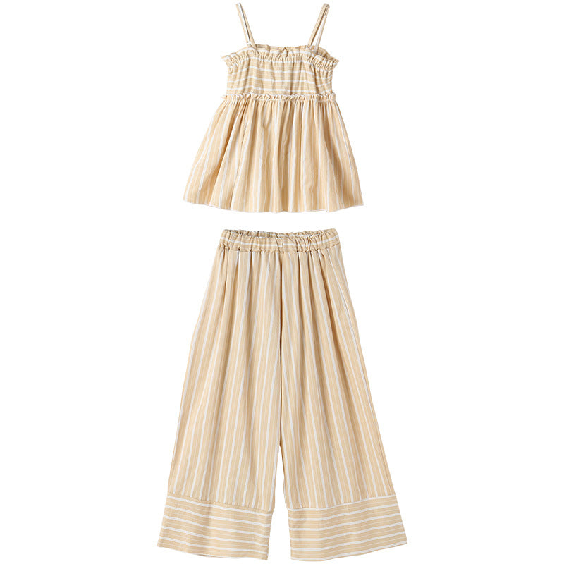 Girls' Cropped Trousers Striped Skirt Suspender Type