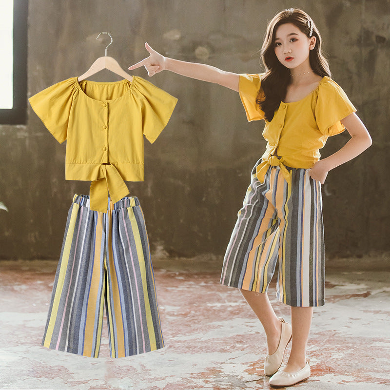 Kids 2-Piece New Fashion Striped Wide-Leg Pants Suit Girls - ROMART GLOBAL LTD