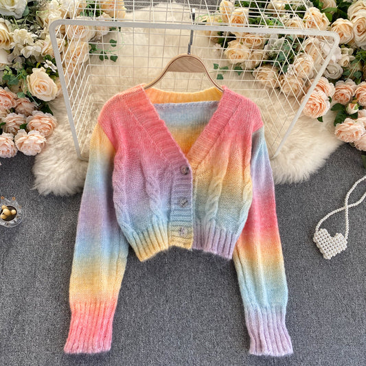 Rainbow Striped Knit Cardigan Short Sweater Knitwear Girls - ROMART GLOBAL LTD