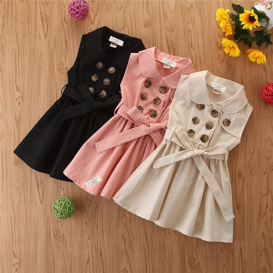 Summer Toddler Casual Sleeveless Sash Button Party A-Line Dress For Girls