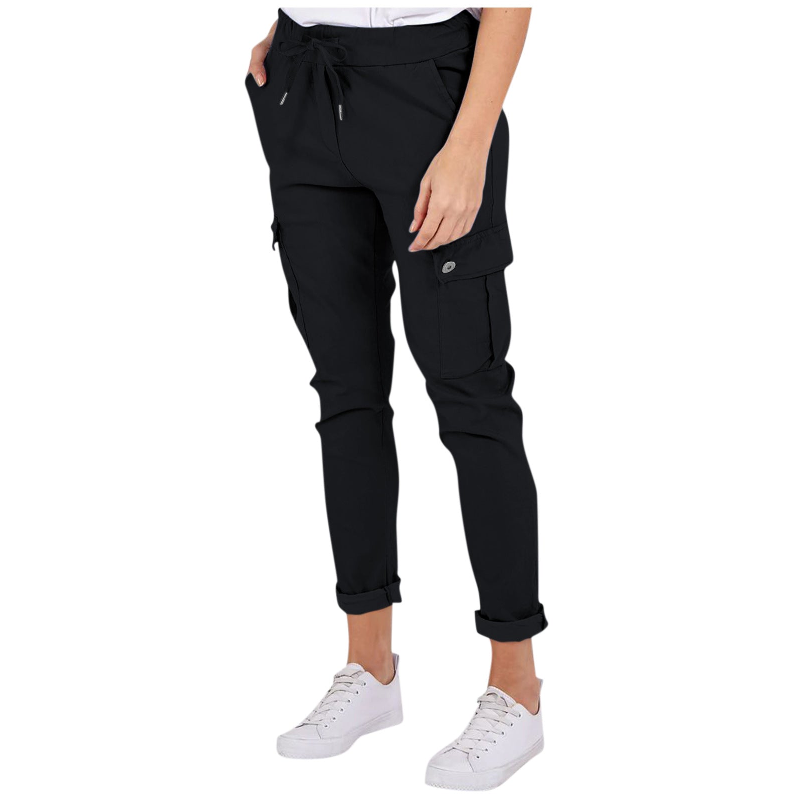 Casual Cargo Pants With Pockets Solid Colour Drawstring Waist Pencil Pant Girls - ROMART GLOBAL LTD
