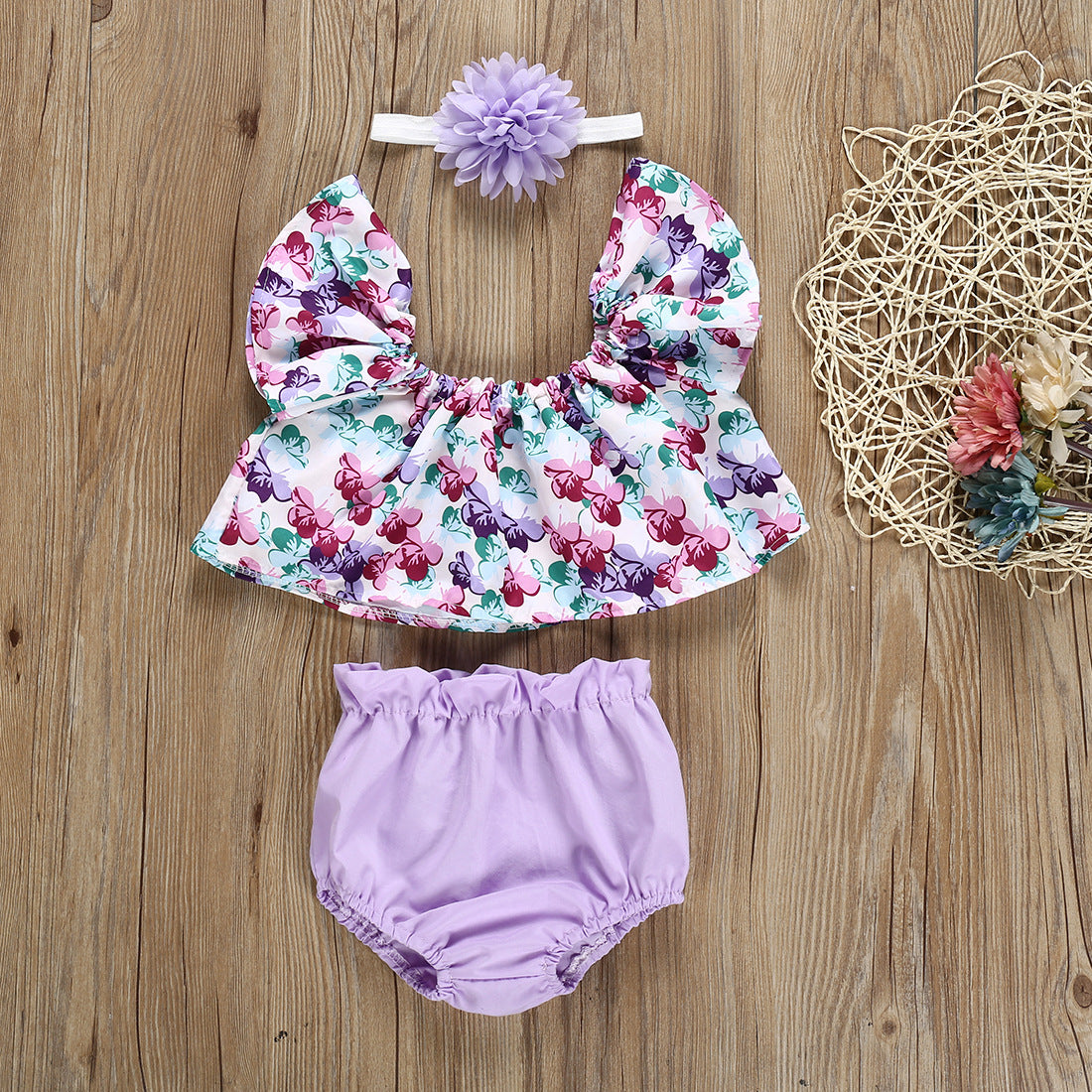 Flying Sleeves Flower Solid Colour Set Underwear Girls - ROMART GLOBAL LTD