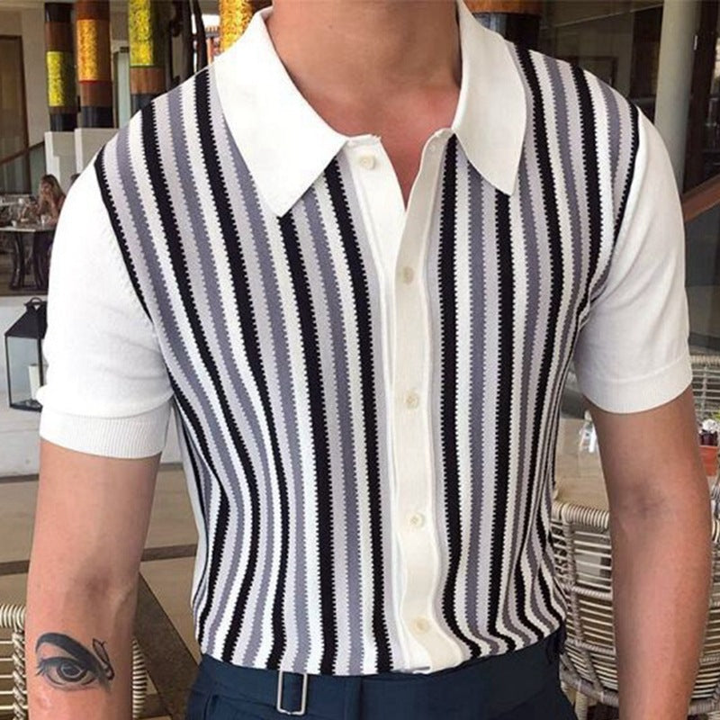 Black And White Stripes Contrast Colour Knitwear Shirt Men - ROMART GLOBAL LTD