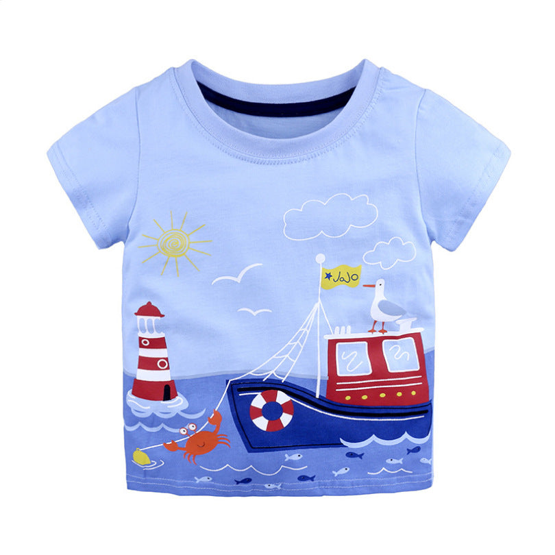 Kid's Round Neck Printed Short Sleeved Tee Shirt For Boys