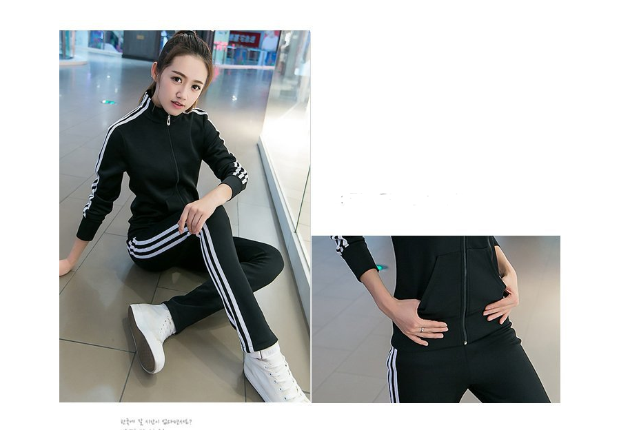 2-Piece Set Korean Styled Fashion Running Set Female Student Stand Collar Three Side-Stripes Sportswear Women - ROMART GLOBAL LTD