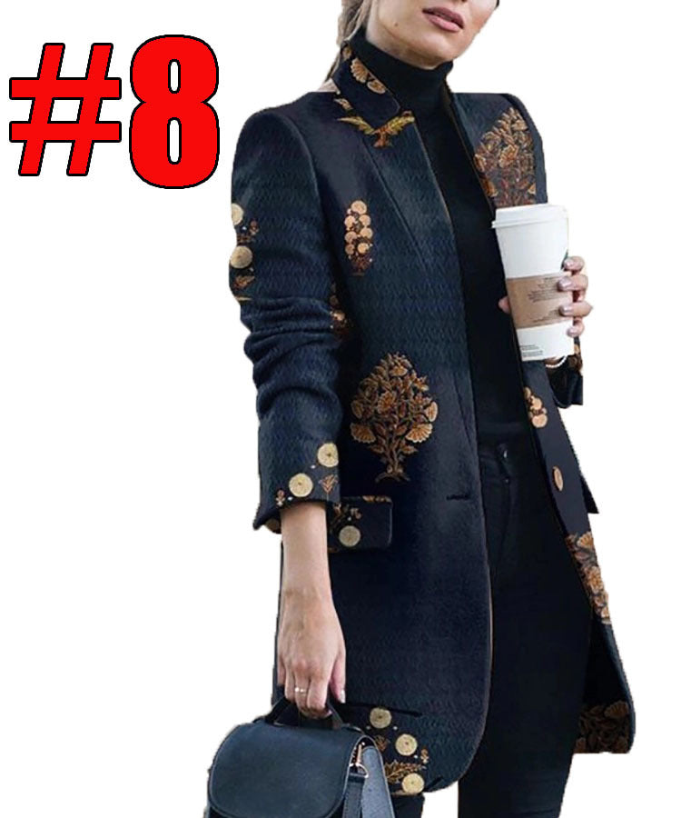 Fashion Printed Stand-Collar Woollen Coat Women - ROMART GLOBAL LTD