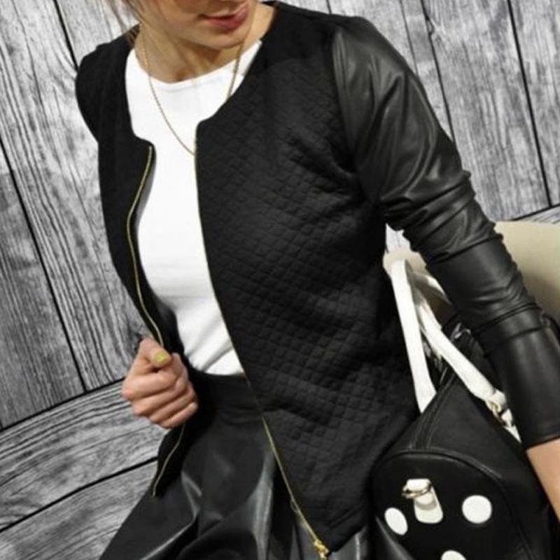 Leather Patchwork Plaid Thin Coats Short Jackets Casual Slim Blazers Knitwear Women - ROMART GLOBAL LTD