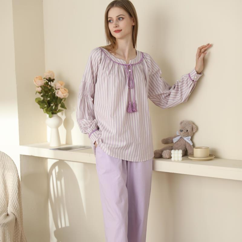 Pyjamas Women Korean Version Striped Round Neck With Simple Long Sleeve Trousers Set Cotton Home Wear - ROMART GLOBAL LTD