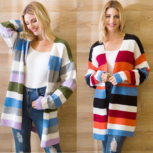 Striped Mid-Length Cardigan Sweater Knitwear Girls - ROMART GLOBAL LTD