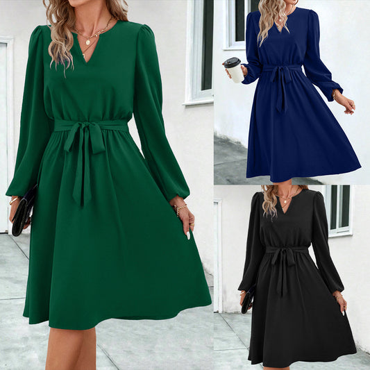 Western Styled Long Sleeve Small V-neck Lace Up Dress Women - ROMART GLOBAL LTD
