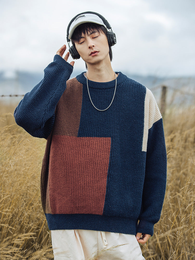 Colour Block Round-Neck Stitching Design Sweater Knitwear Men - ROMART GLOBAL LTD