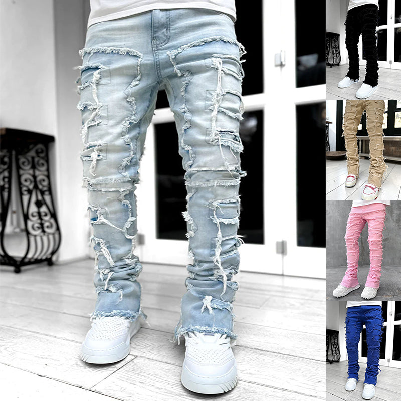 Men Trousers Individual Patched Pants Long Tight Fit Stacked Jeans For Mens Clothing - ROMART GLOBAL LTD