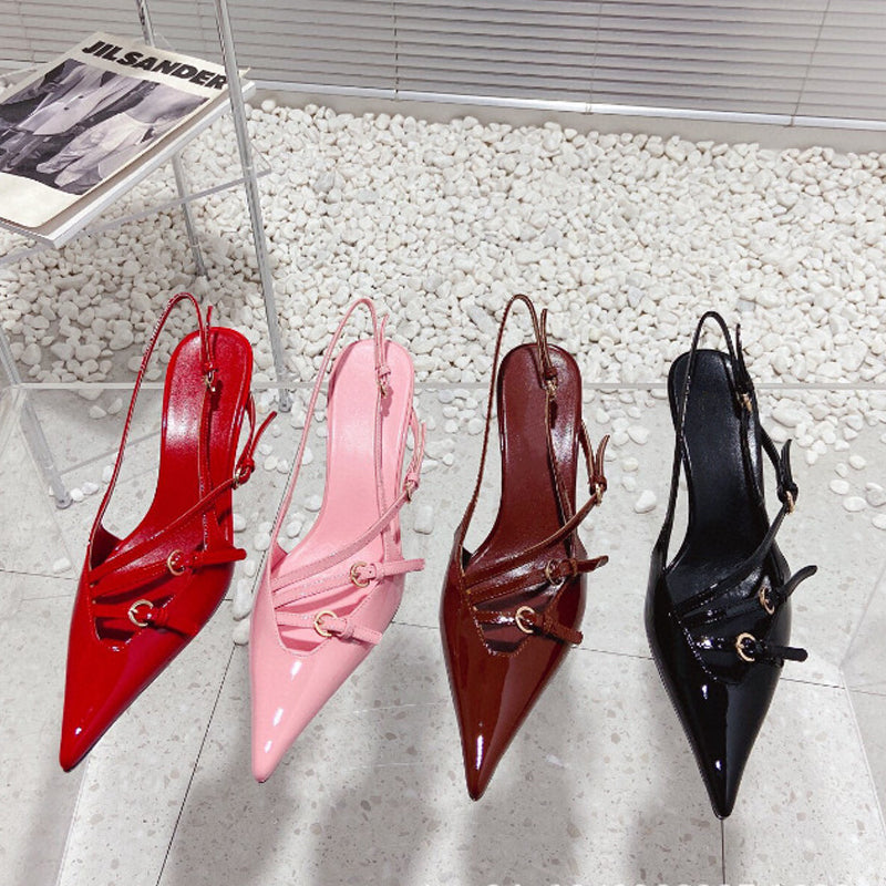 French Style Pointed Toe Kitten Heel Sandals Closed Toe Back Strap High Heels Belt Buckle
