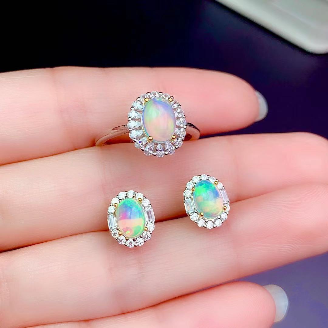 S925 Sterling Silver Natural Opal Rings Ear Studs Necklace - ROMART GLOBAL LTD