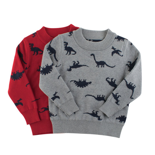 Round Neck Kids Solid Colour Dinosaur Print Sweater Cardigan Knitwear Boys - ROMART GLOBAL LTD