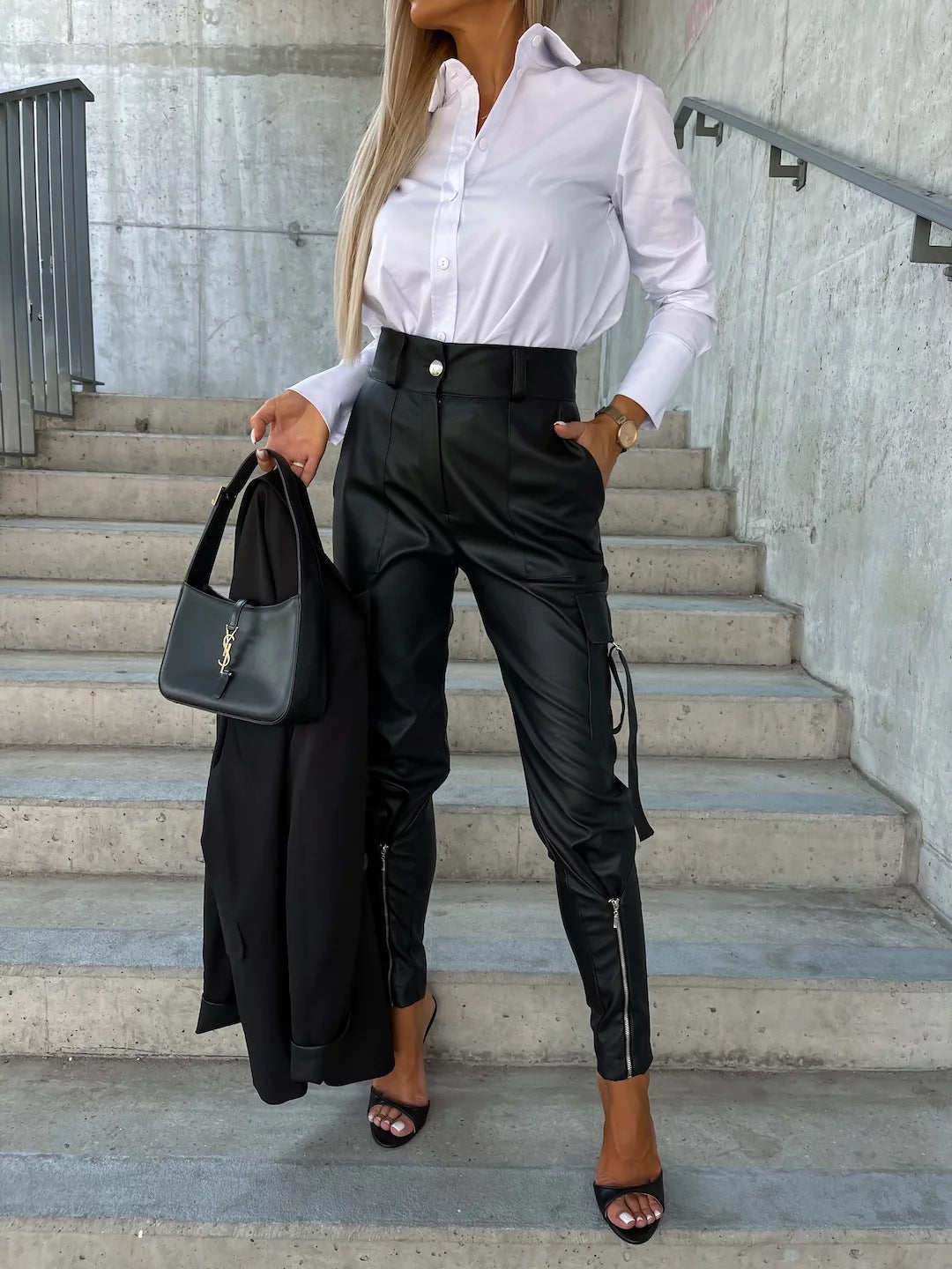 Waist-cinching Zipper Fashion Design Slim-fitting Leather Pants Girls - ROMART GLOBAL LTD