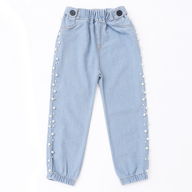 Children's Fashion Side Beaded Jeans Trousers Girls
