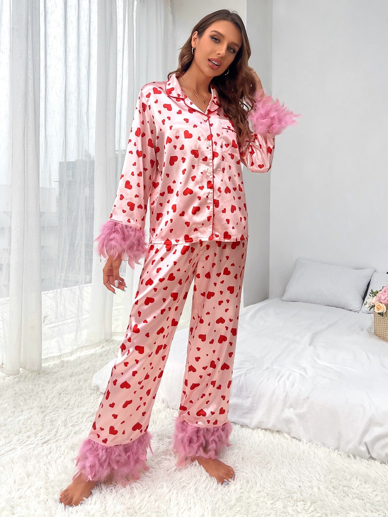 Women's Clothing Valentine's Day Sweet Loving Heart Printed Casual Suit Pajamas - ROMART GLOBAL LTD