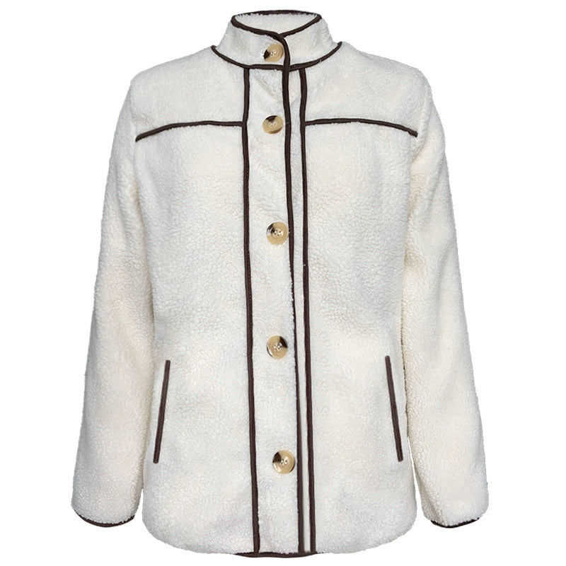 Fashion stand collar stitching button coat - ROMART GLOBAL LTD
