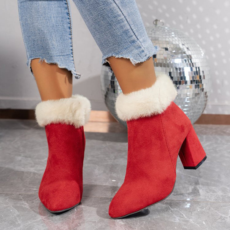 New Plaid Print Plush Ankle Boots Winter Fashoin Square Heel Suede Boots Women Casual Versatile Shoes Autumn And Winter - ROMART GLOBAL LTD