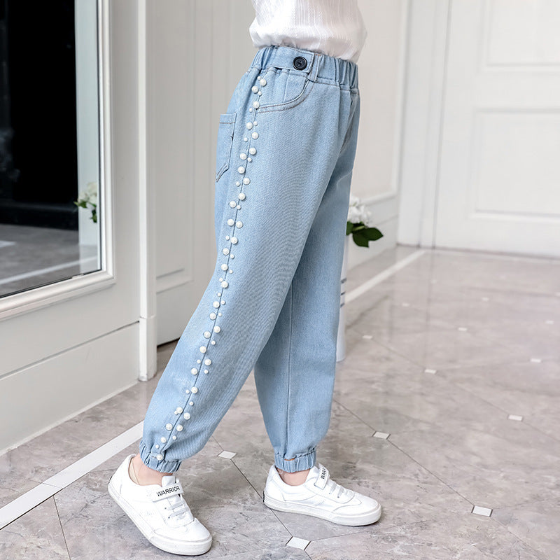 Children's Fashion Side Beaded Jeans Trousers Girls