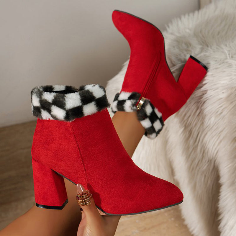 New Plaid Print Plush Ankle Boots Winter Fashoin Square Heel Suede Boots Women Casual Versatile Shoes Autumn And Winter - ROMART GLOBAL LTD