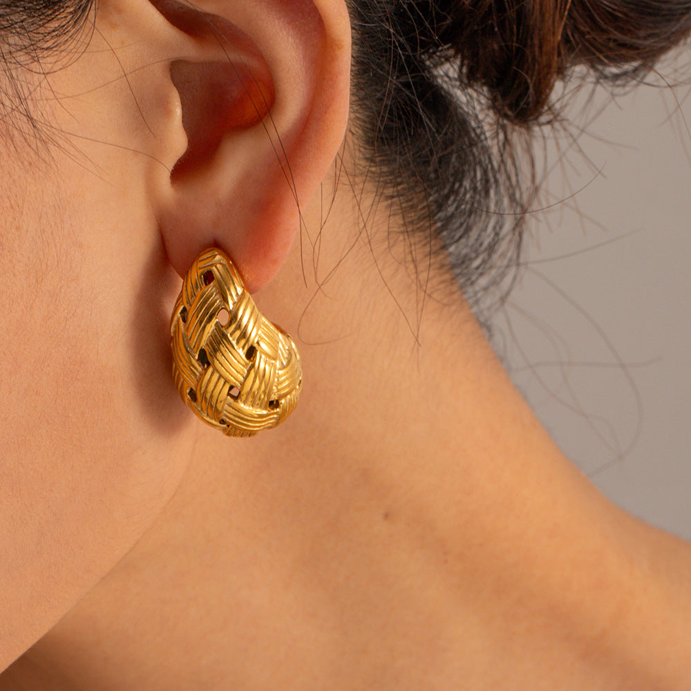 Woven Texture Water Drop Titanium Steel Gold Ear Rings Jewelleries Women - ROMART GLOBAL LTD