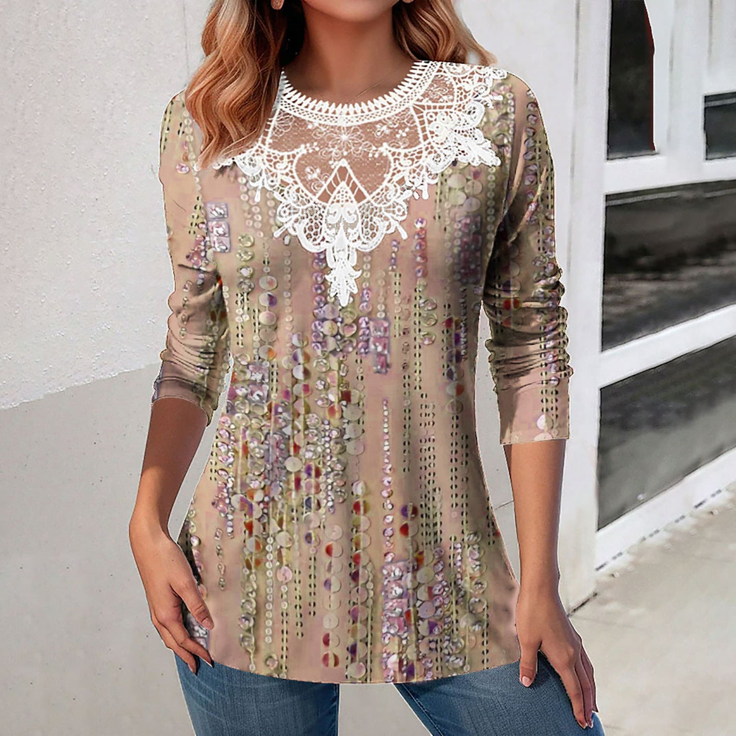 Lace Patchwork Round Neck Top Fashion Casual Printing Loose Long Sleeve Top Women - ROMART GLOBAL LTD