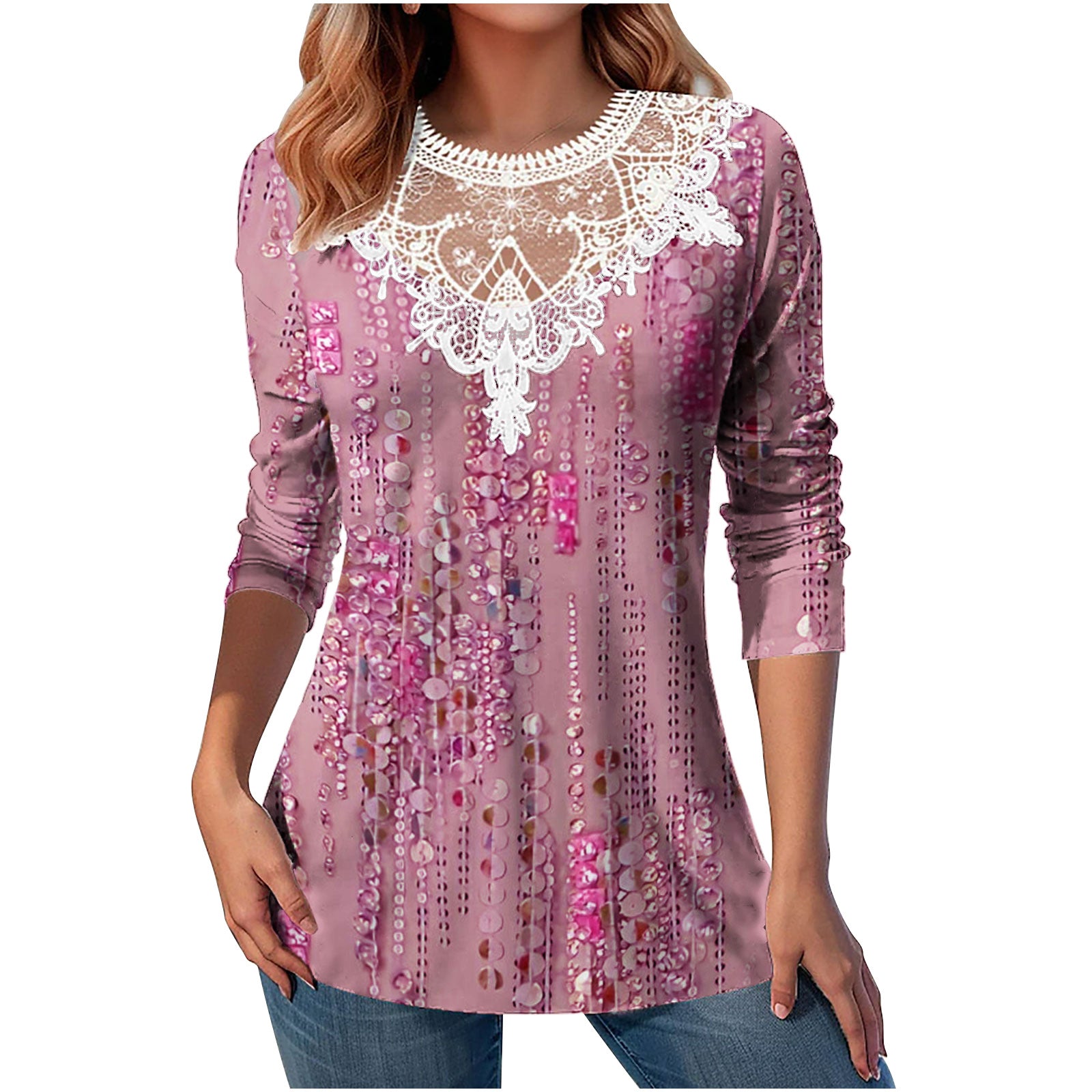 Lace Patchwork Round Neck Top Fashion Casual Printing Loose Long Sleeve Top Women - ROMART GLOBAL LTD