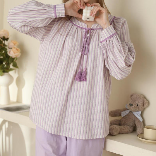 Pyjamas Women Korean Version Striped Round Neck With Simple Long Sleeve Trousers Set Cotton Home Wear - ROMART GLOBAL LTD