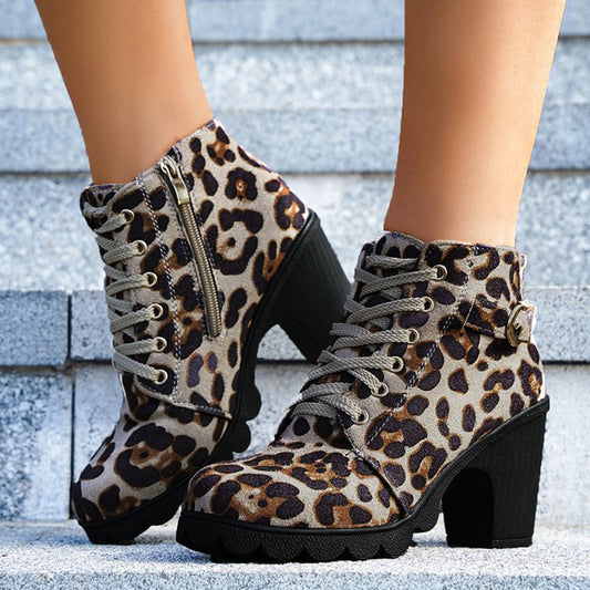Fashoin Leopard Print Ankle Boots Winter Square Heel Suede Lace-up Zip Boots Women Casual Versatile Shoes Autumn And Winter - ROMART GLOBAL LTD