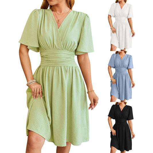 V-neck Short-sleeved Dress Fashion Bell-sleeved Dress Summer Women's Clothing - ROMART GLOBAL LTD