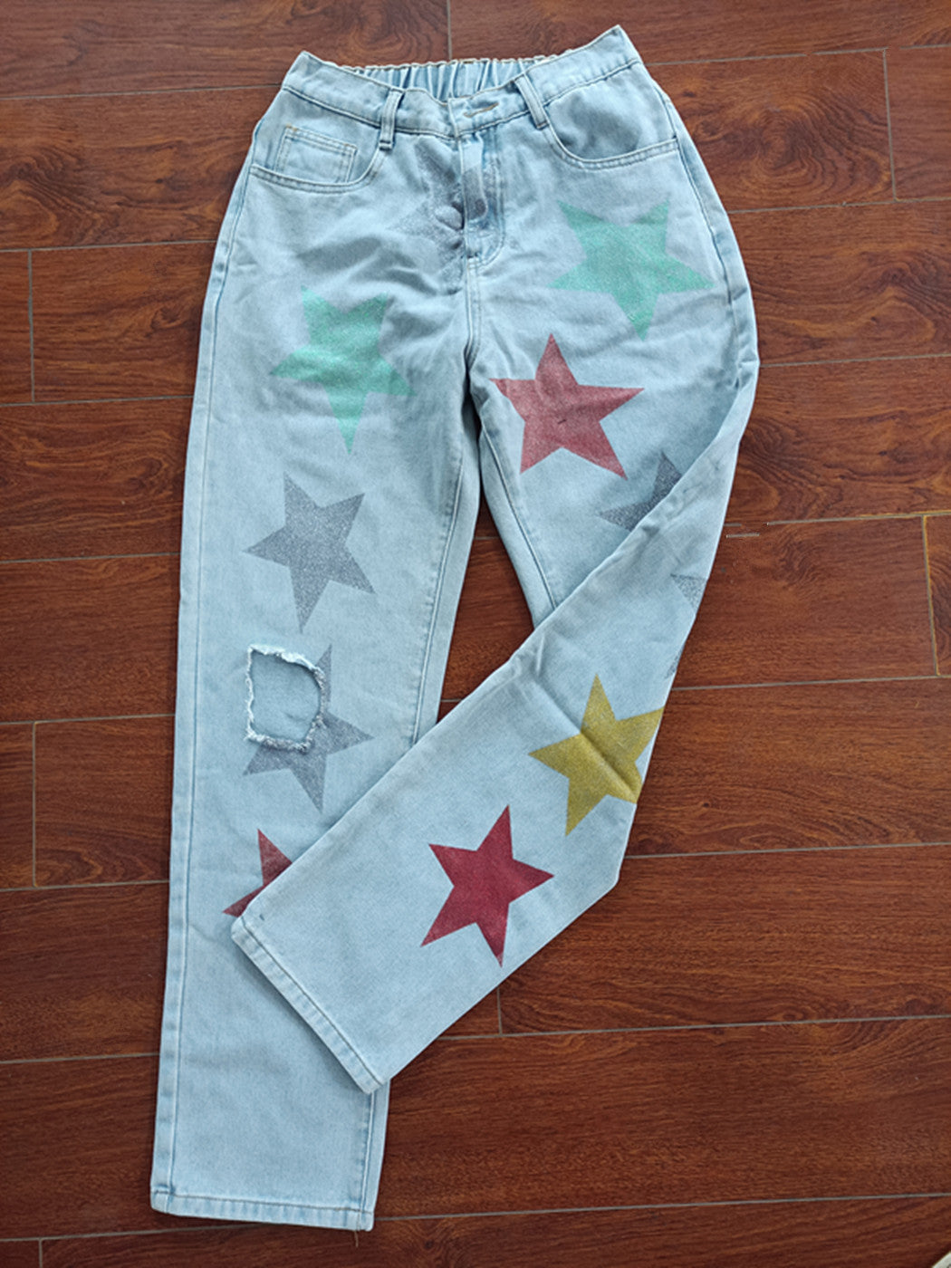 Denim Sequined Printed Ripped Five-pointed Star Pants Girls - ROMART GLOBAL LTD