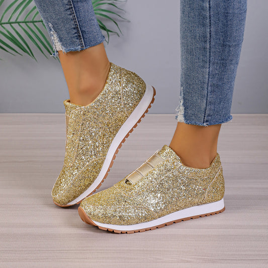 Gold Sliver Sequined Flats New Fashion Casual Round Toe Slip-on Shoes Women Outdoor Casual Walking Running Shoes - ROMART GLOBAL LTD