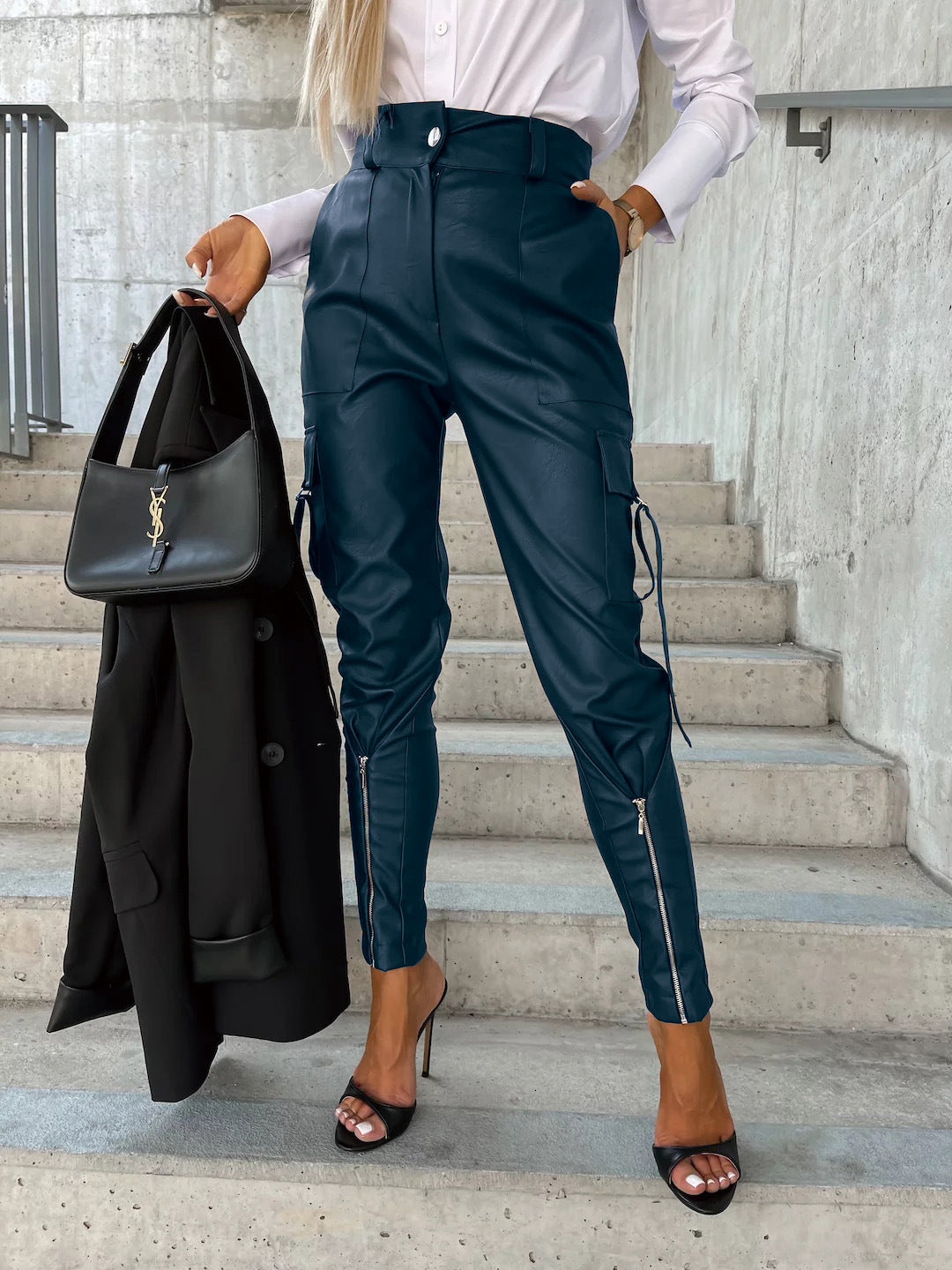 Waist-cinching Zipper Fashion Design Slim-fitting Leather Pants Girls - ROMART GLOBAL LTD