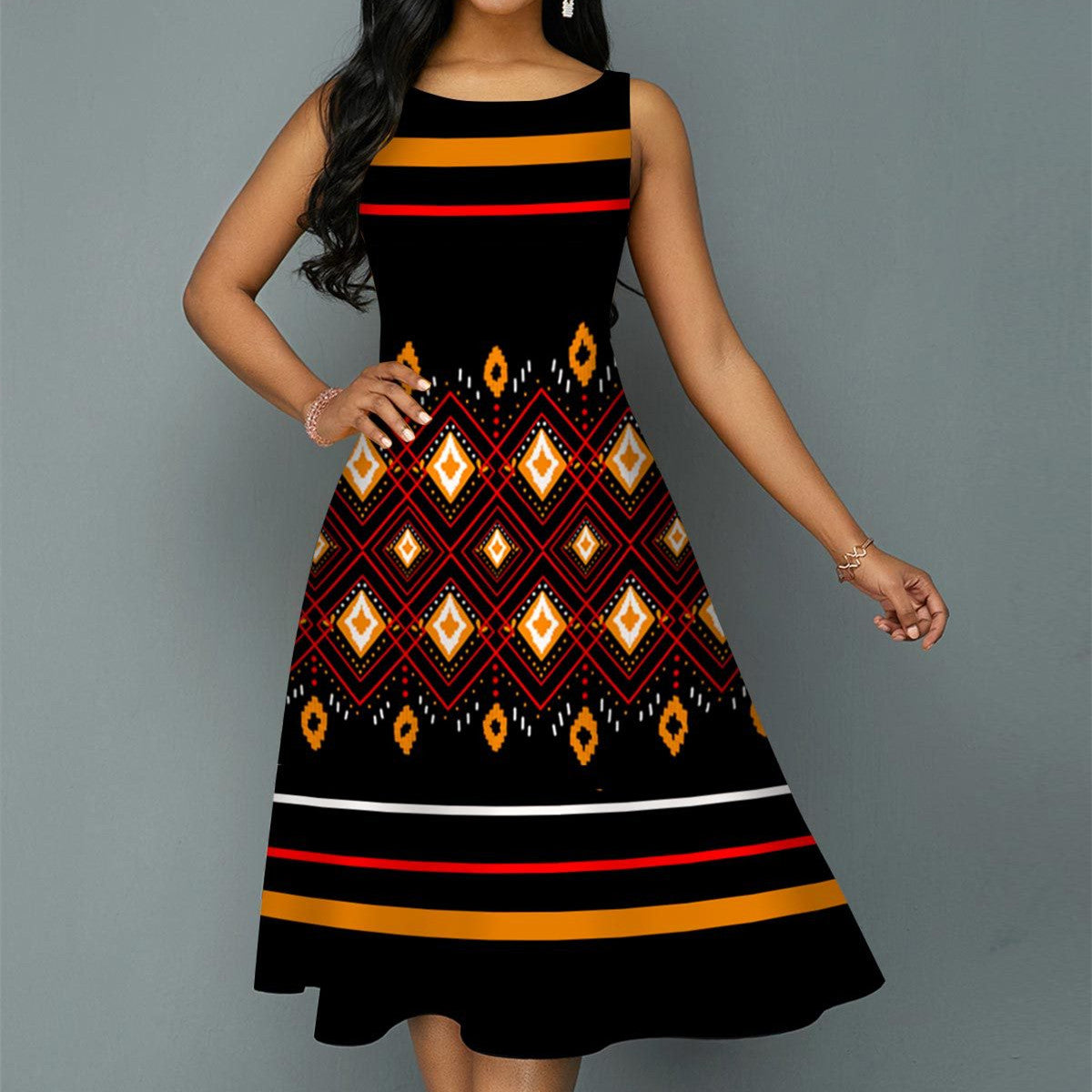 Women's Printed Striped Round Neck Knitted Dress